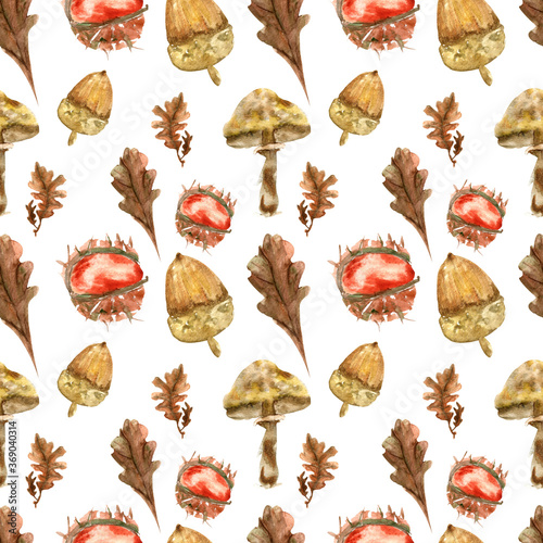 Autumn watercolor seamless pattern on white background brown leaves, vegetables, oak, acorn. For print design for fabric or paper