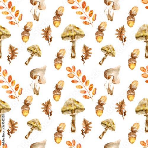 Autumn watercolor seamless pattern on a white background, leaves, vegetables, oak, acorn. For print design on fabric