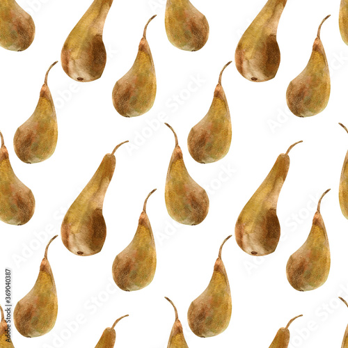 Pear watercolor seamless pattern on white background. For design of watercolor prints of fabric or paper
