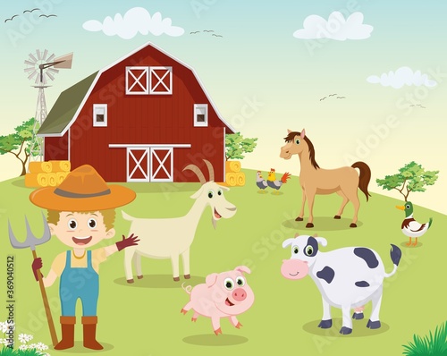 happy little farmer with animals at the farm