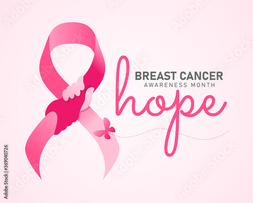 hope breast cancer awareness month banner - pink ribbon with hand hold hand sign and butterfly vector design