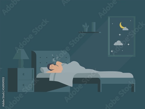 Basic RGWoman sleeping in his bed. Flat vector illustration on woman sleeping peacefully at night in her bedroomB