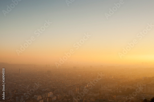 Barcelona, Spain -14 Jan 2011- Pollution over Barcelona city during sunset