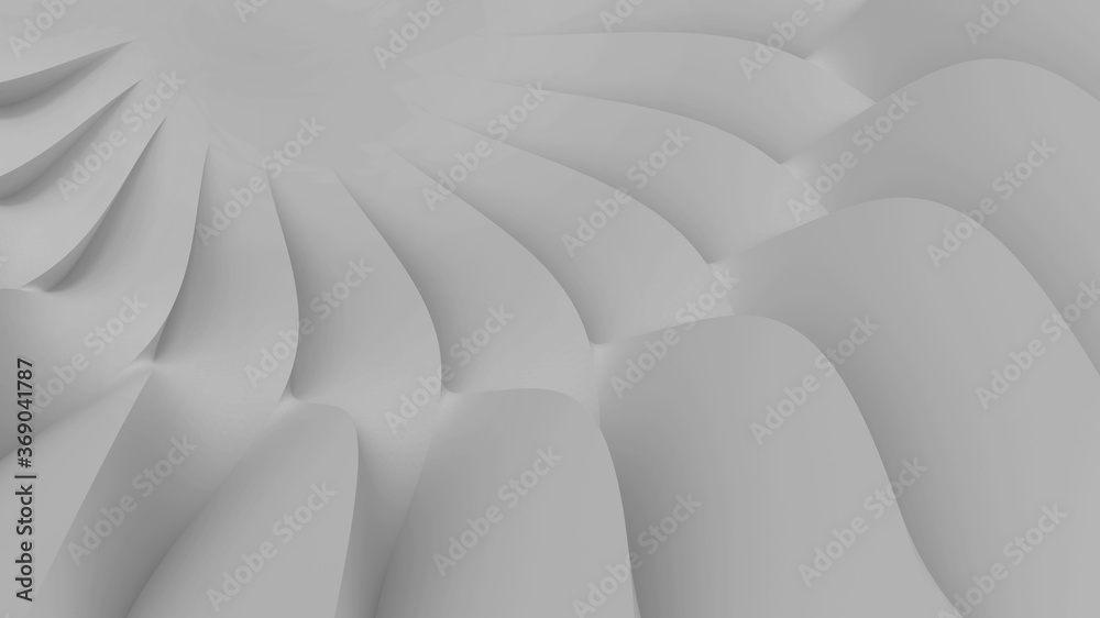 Obraz premium Modern realistic abstract parametric three-dimensional background of a set of wavy swirling white three-dimensional petals converging in a cent. 3D illustration