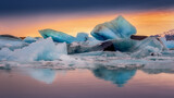 sunset in a glacial lagoon under the iceberg