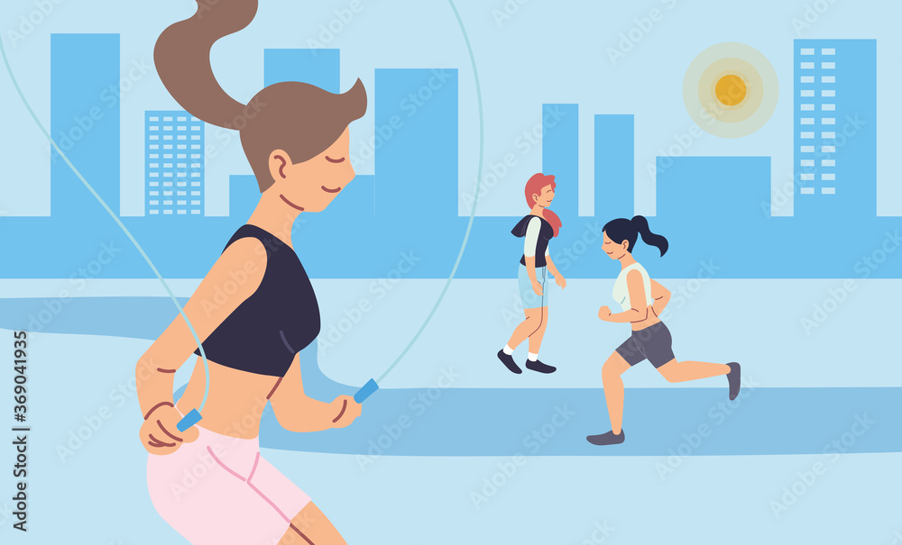 Women running and jumping at city vector design Women running and jumping at city vector design