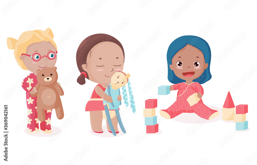 Little girls and toddler play toys. 