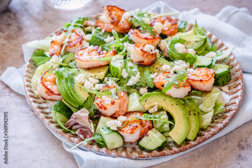 Salad with shrimps, avocado and cucumber
