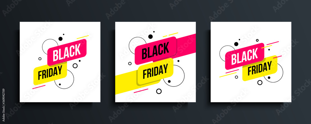 Black Friday promotional cards set. Commercial signs for sale, business, discount shopping, promotion and advertising. Vector illustration.