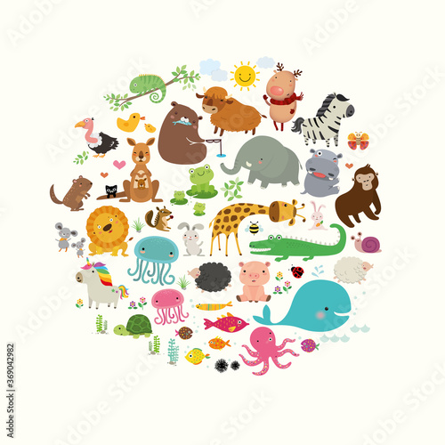 Set of Cute Cartoon Animals, Flat Vector, Illustration
