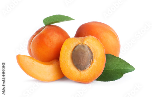 Delicious fresh ripe apricots on white background
