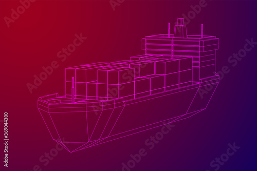 Heavy dry cargo ship of bulk carrier with freight containers. Wireframe low poly mesh vector illustration.