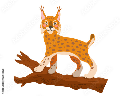 Cute lynx on a log Vector art isolated on white
