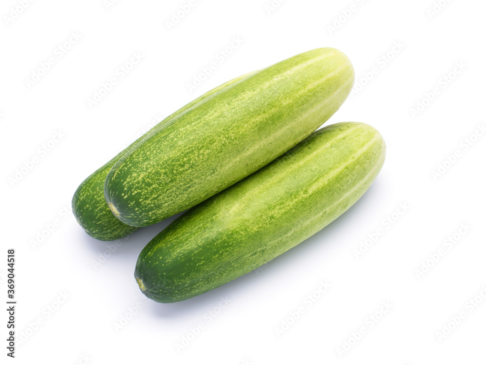 Fresh organic cucumbers from the garden Three cucumbers stacked on a white background Fresh organic cucumbers from the garden Three cucumbers stacked on a white background