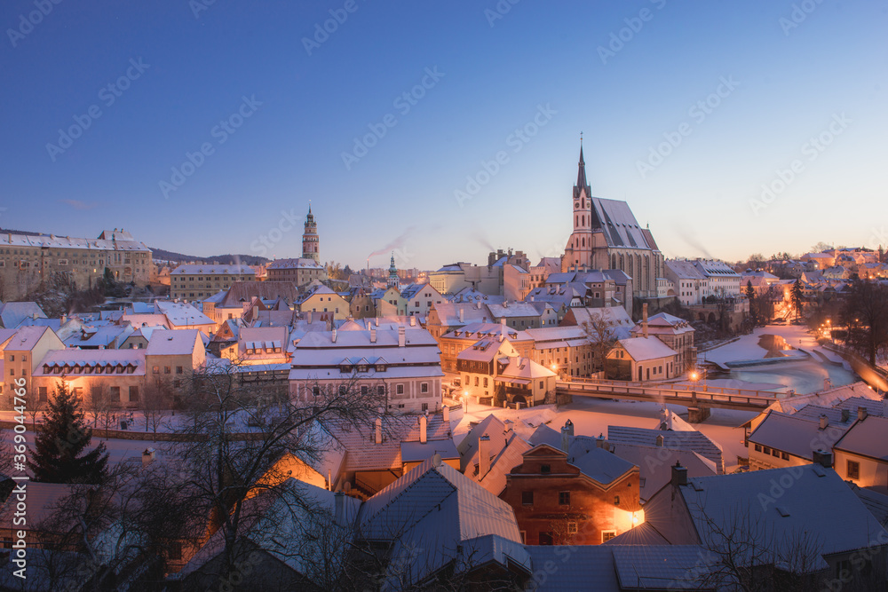 Obraz premium Winter view old Town of Cesky Krumlov and Church in Cesky Krumlov, Czech republic