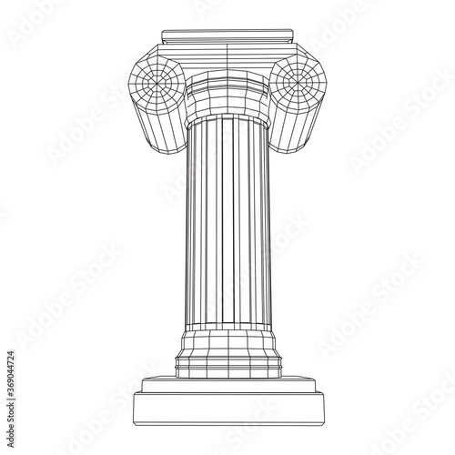 Greek ionic column. Ancient pillars roman antique architecture construction decoration. Wireframe low poly mesh vector illustration.