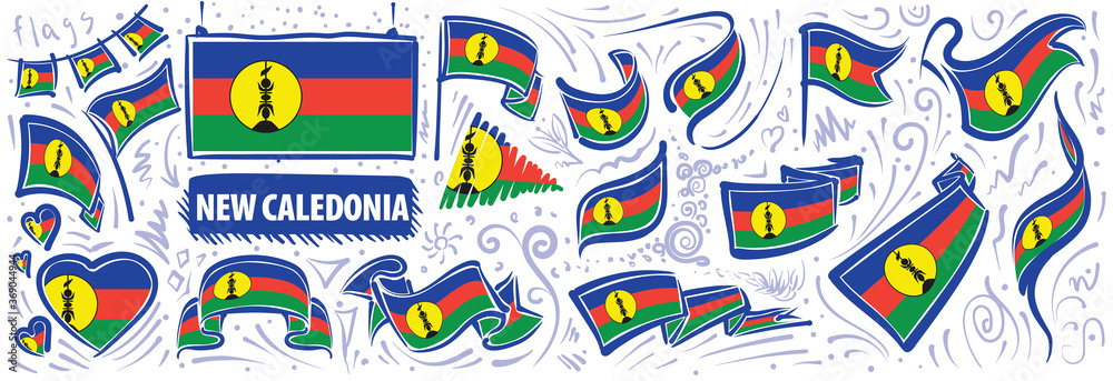 Vector set of the national flag of New Caledonia in various creative designs Vector set of the national flag of New Caledonia in various creative designs
