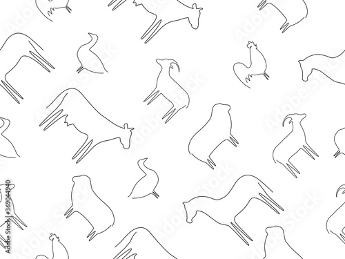 Seamless pattern farm animal background. Farm animals sheep, horse, cow, goat, cock and goose line contour vector illustration.