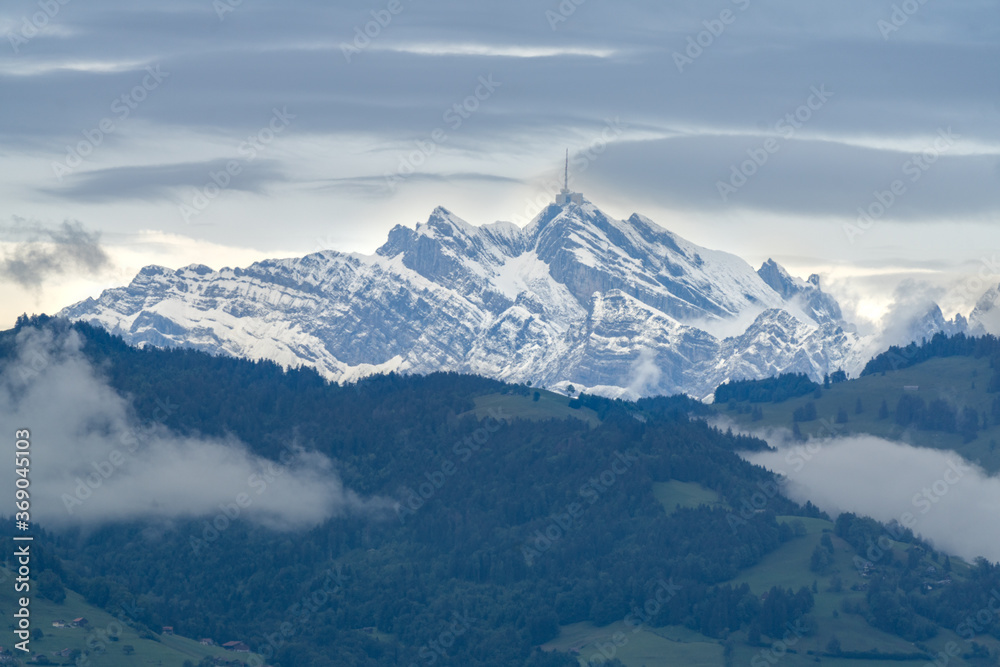 The iconic Santis peak, the highest mountain in the Alpstein massif of northeastern Switzerland