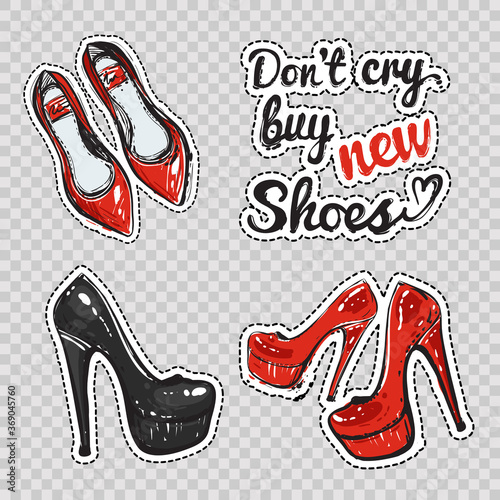 Set of modern elements: flat shoes, do not cry buy new shoes lettering, high heel shoes, pink nude heels. Vector hand drawn fashion illustration patches or stickers kit. 