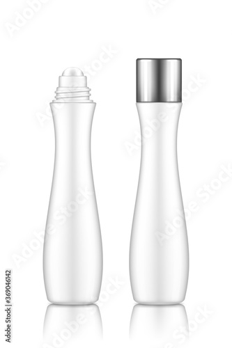 Lip, eye roller bottle with cream, serum, or essential oil for lifting, anti-age care and wrinkle prevent. Blank cosmetic product container mockup. Packaging design. 3d realistic vector illustration