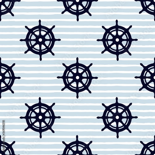 Marine seamless pattern with steering wheels on blue and white striped background