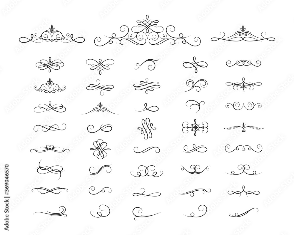 Elegant text swirl dividers. Filigree vignette borders.  Vector isolated scrolls. Classic wedding invitation calligraphic lines.