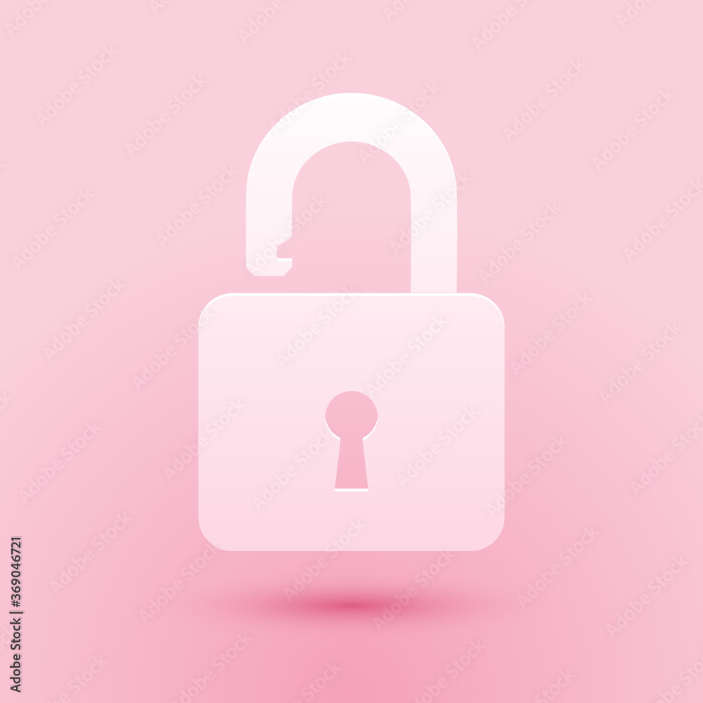 Paper cut Open padlock icon isolated on pink background. Opened lock sign. Cyber security concept. Digital data protection. Safety safety. Paper art style. Vector. Paper cut Open padlock icon isolated on pink background. Opened lock sign. Cyber security concept. Digital data protection. Safety safety. Paper art style. Vector.