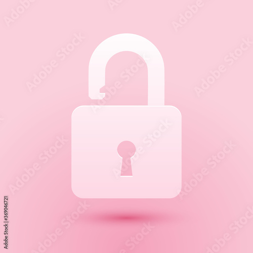 Paper cut Open padlock icon isolated on pink background. Opened lock sign. Cyber security concept. Digital data protection. Safety safety. Paper art style. Vector.