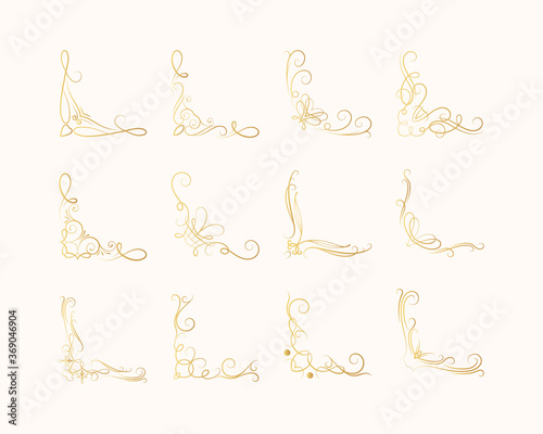 Hand drawn set of golden filigree corners. Gold ornate swirl borders.  Vector isolated motif decor frames. Classic wedding invitation dividers.