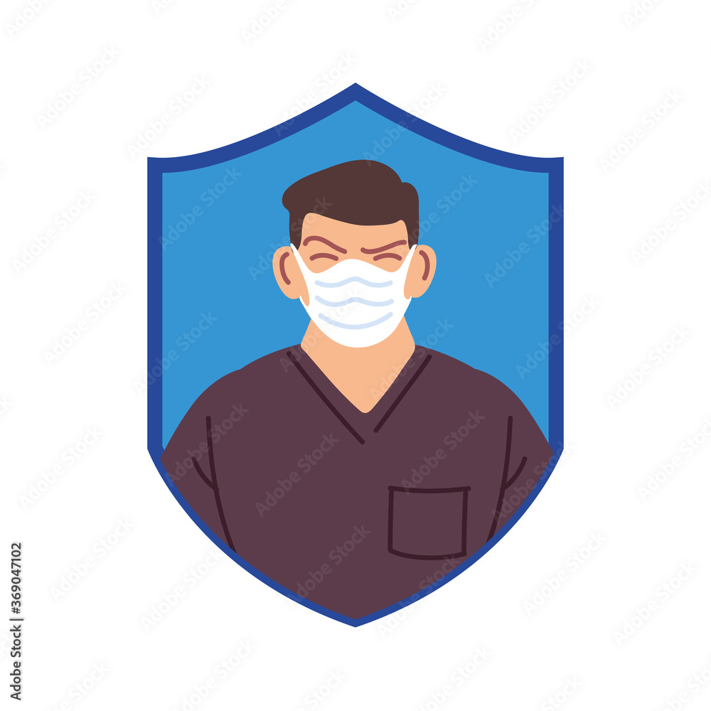 Isolated man doctor with medical mask in shield vector design