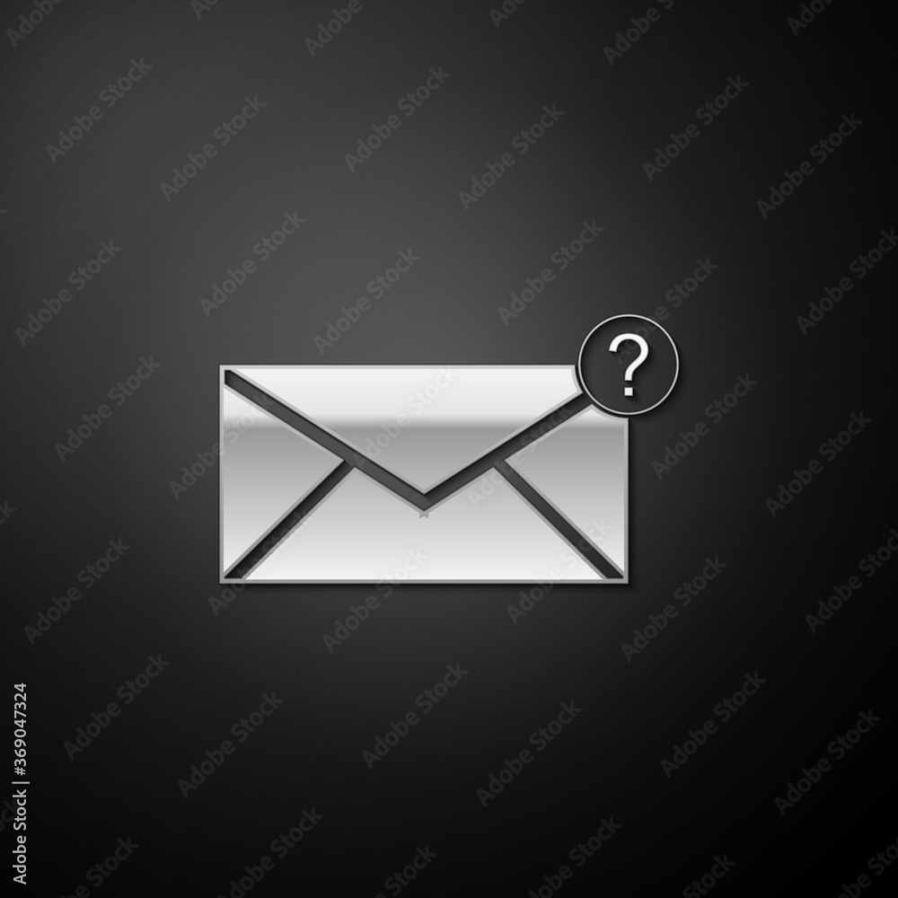 Silver Envelope with question mark icon isolated on black background. Letter with question mark symbol. Send in request by email. Long shadow style. Vector. Silver Envelope with question mark icon isolated on black background. Letter with question mark symbol. Send in request by email. Long shadow style. Vector.