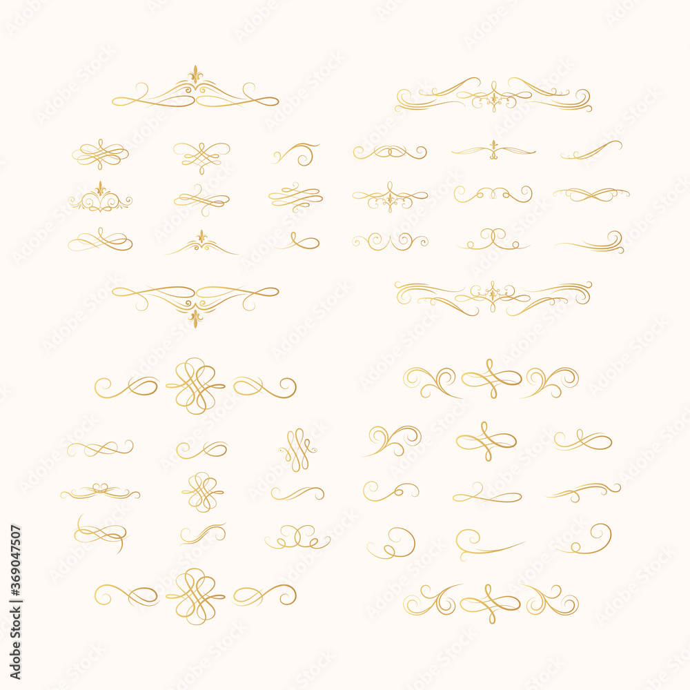 Big set of golden swirls and scrolls.  Vector isolated gold victorian borders. Classic wedding invitation calligraphic lines. Filigree vignette dividers.