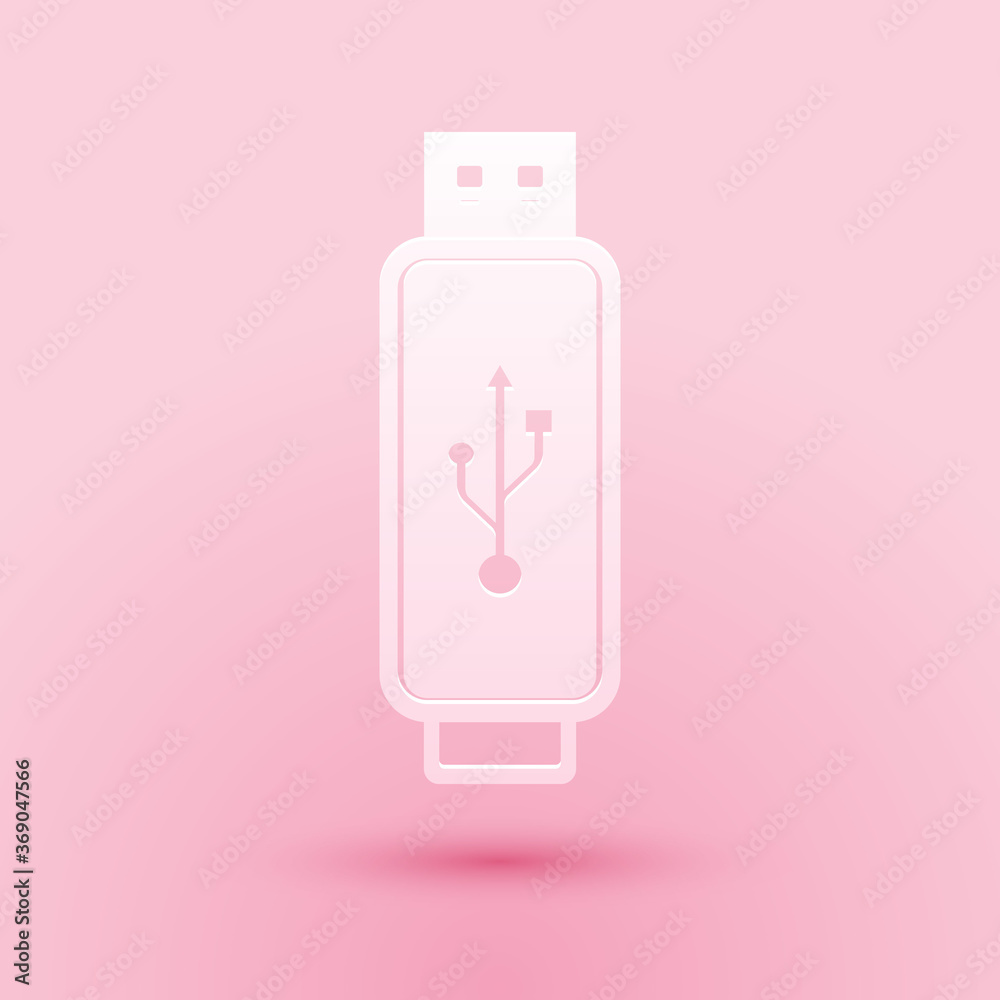 Paper cut USB flash drive icon isolated on pink background. Paper art style. Vector. Paper cut USB flash drive icon isolated on pink background. Paper art style. Vector.
