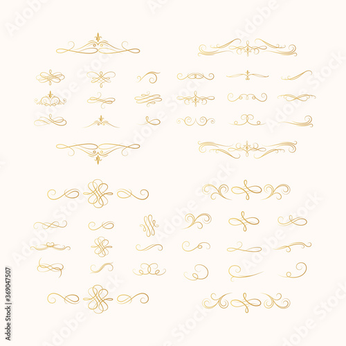 Big set of golden swirls and scrolls. Vector isolated gold victorian borders. Classic wedding invitation calligraphic lines. Filigree vignette dividers.
