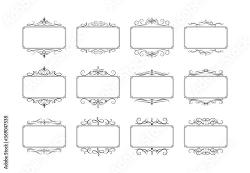 Set of hand drawn vintage rectangular swirl borders in royal style. Vector isolated luxury wedding invitation cards template. Certificate frames with filigree decor elements. 
