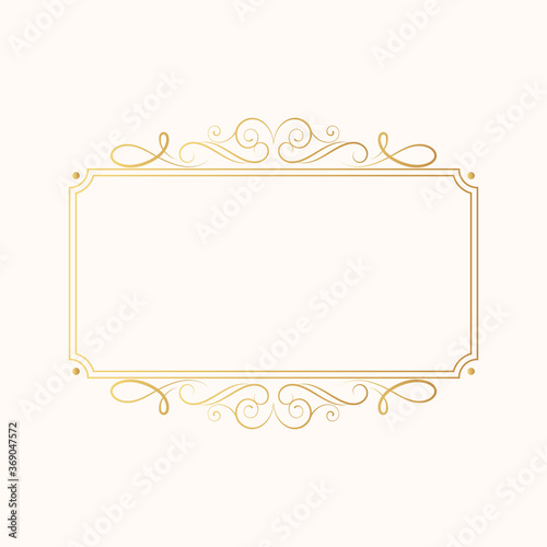 Hand drawn golden elegant rectangular swirl border in antique style. Vector isolated luxury wedding invitation card template. Certificate frame with gold filigree decor elements. 