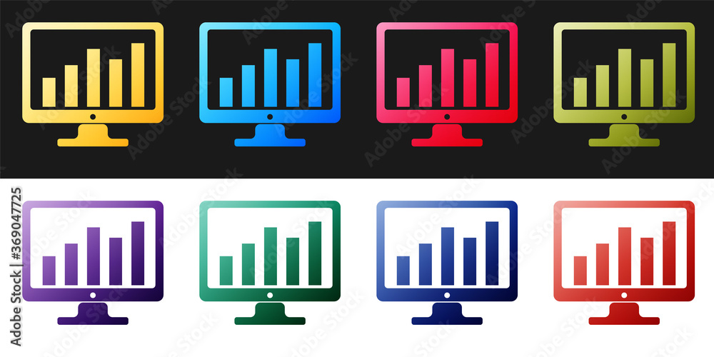 Set Computer screen with financial charts and graphs icon isolated on black and white background. Chart bars and financial analytics. Vector. Set Computer screen with financial charts and graphs icon isolated on black and white background. Chart bars and financial analytics. Vector.