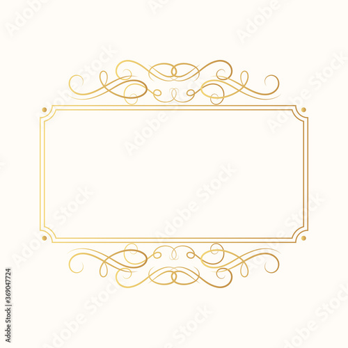Luxury wedding invitation card template.  Hand drawn golden elegant rectangular swirl border vignette elements in baroque style. Vector isolated certificate frame with gold filigree decor scrolls.  