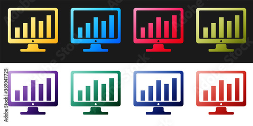 Set Computer screen with financial charts and graphs icon isolated on black and white background. Chart bars and financial analytics. Vector.