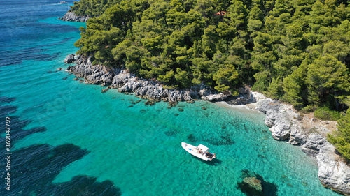 Fototapeta Naklejka Na Ścianę i Meble -  Aerial drone photo of breathtaking secluded turquoise beaches of Ftelia and Megalo Pefko in island of Skopelos, Sporades, Greece
