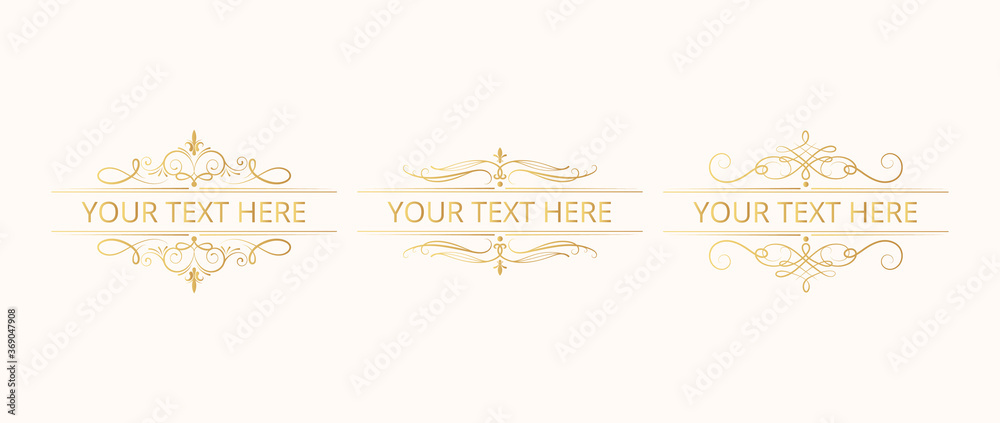 Vintage design collection of golden monogram swirl frames. Vector isolated gold ornate royal borders with filigree scrolls. Certificate templates. 