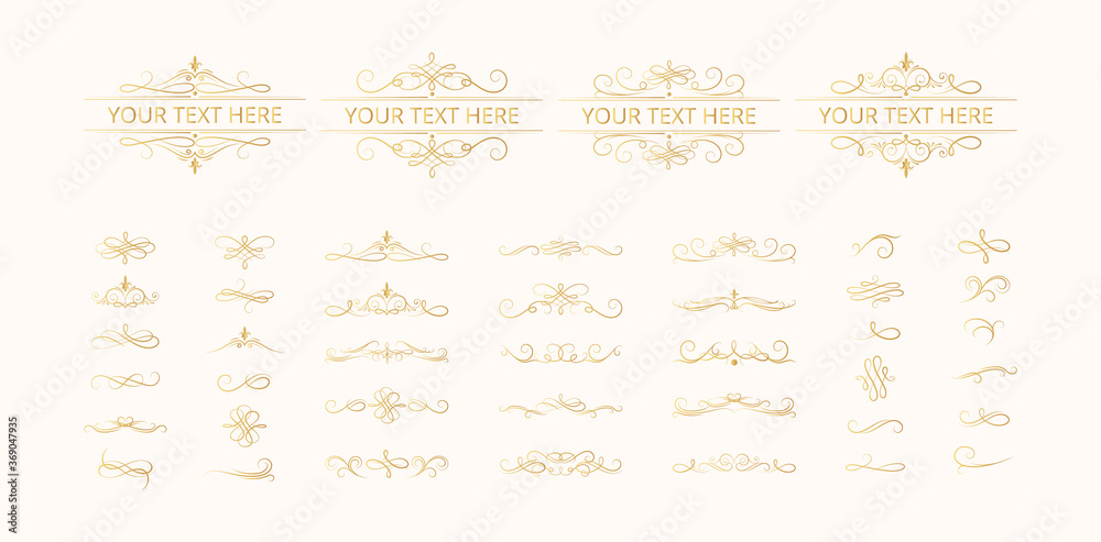 Set of gold motif vignette dividers with filigree art deco elements. Vector isolated victorian golden borders, swirls and scrolls.. Classic wedding invitation card calligraphic lines. Set of gold motif vignette dividers with filigree art deco elements. Vector isolated victorian golden borders, swirls and scrolls.. Classic wedding invitation card calligraphic lines.