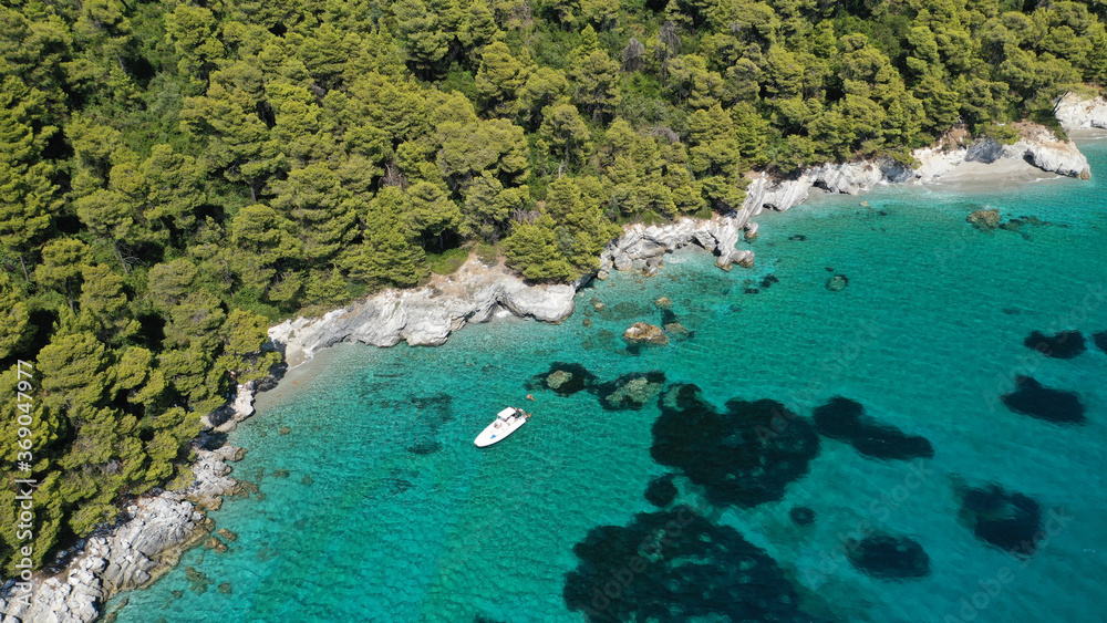 Aerial drone photo of breathtaking secluded turquoise beaches of Ftelia ...