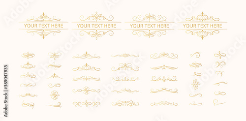 Set of gold motif vignette dividers with filigree art deco elements.  Vector isolated victorian golden borders  swirls and scrolls.. Classic wedding invitation card calligraphic lines. 