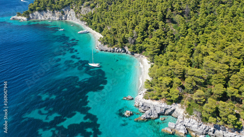 Aerial drone photo of breathtaking secluded turquoise beaches of Ftelia and Megalo Pefko in island of Skopelos  Sporades  Greece