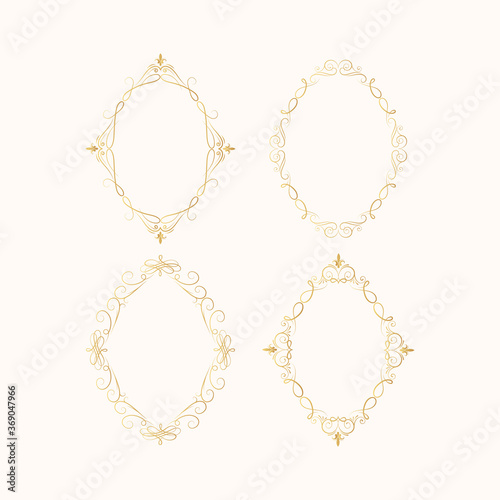 Set of hand drawn golden vintage oval swirl frames. Elegant ornate fancy round borders for wedding. Vector isolated filigree invitation card.