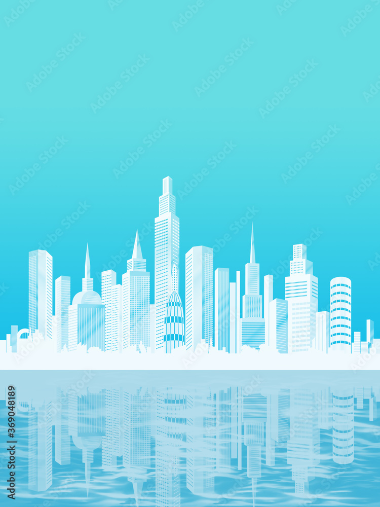 Modern city Design template with copy space White silhouette of skyscrapers by the sea on gradient backdrop