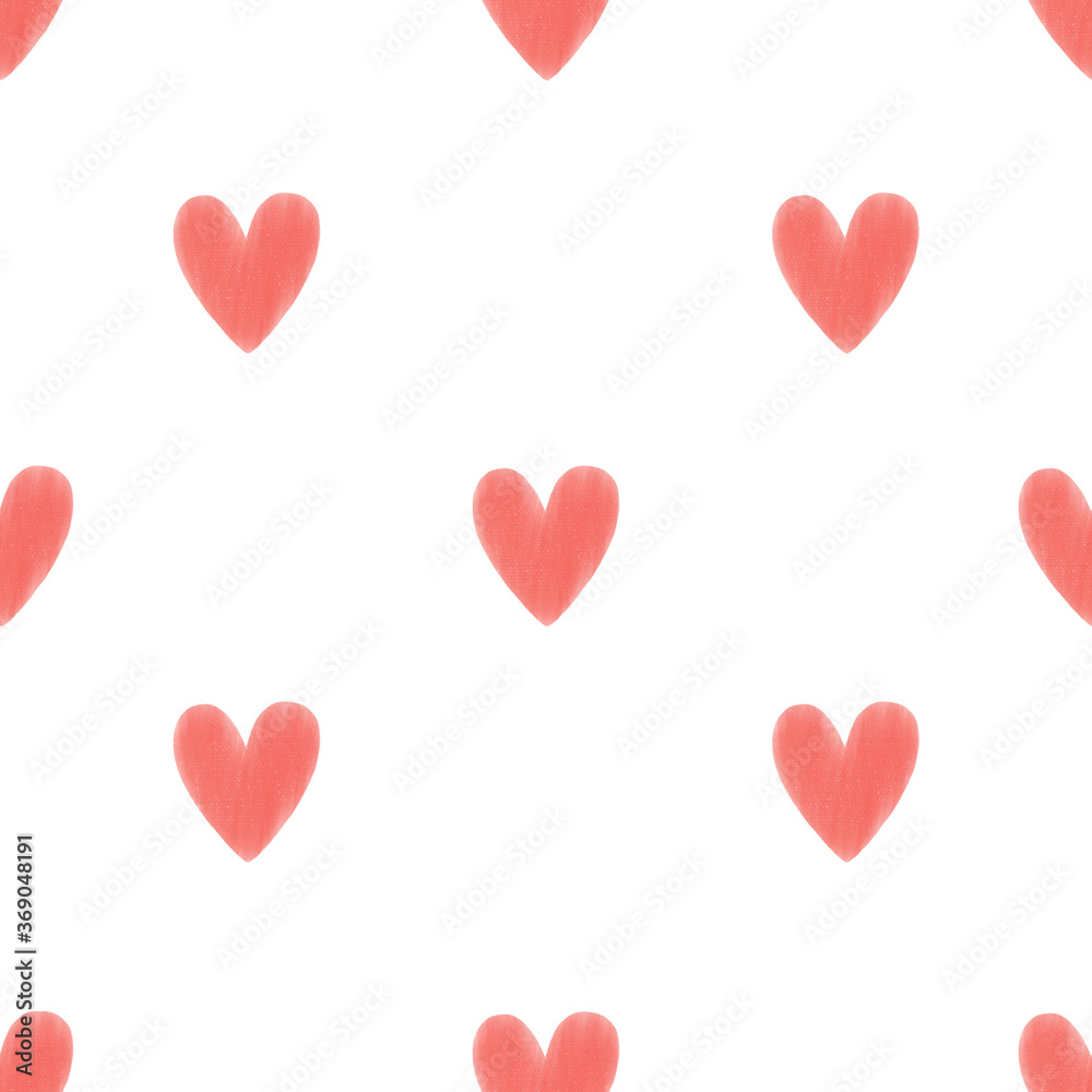 Seamless heart watercolor pattern Cute romantic print Small painted red hearts on white background
