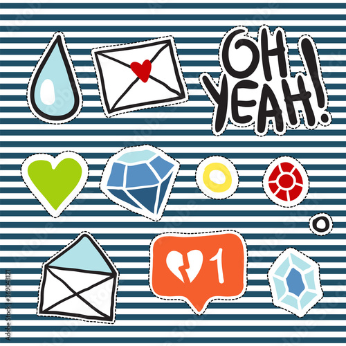 Set of vector patch fashion elements: dislike, oh yeah phrase, yellow polka dot, water drop, open mail envelope, love mail, green heart, red diamond, blue crystal, blue diamond, black polka dot. 